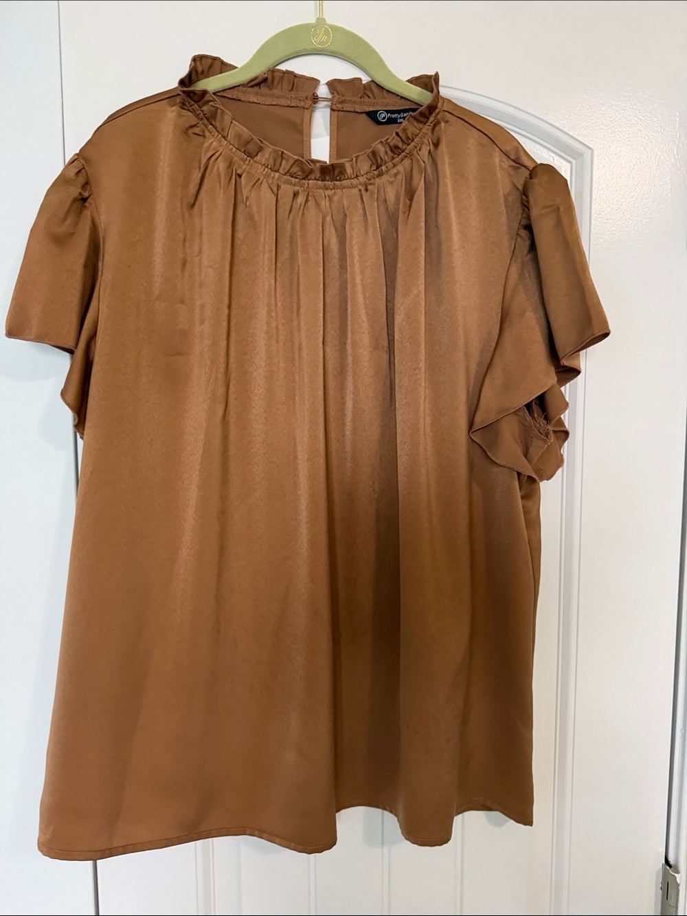 Ruffled Neck Flutter Sleeve Blouse - Brown